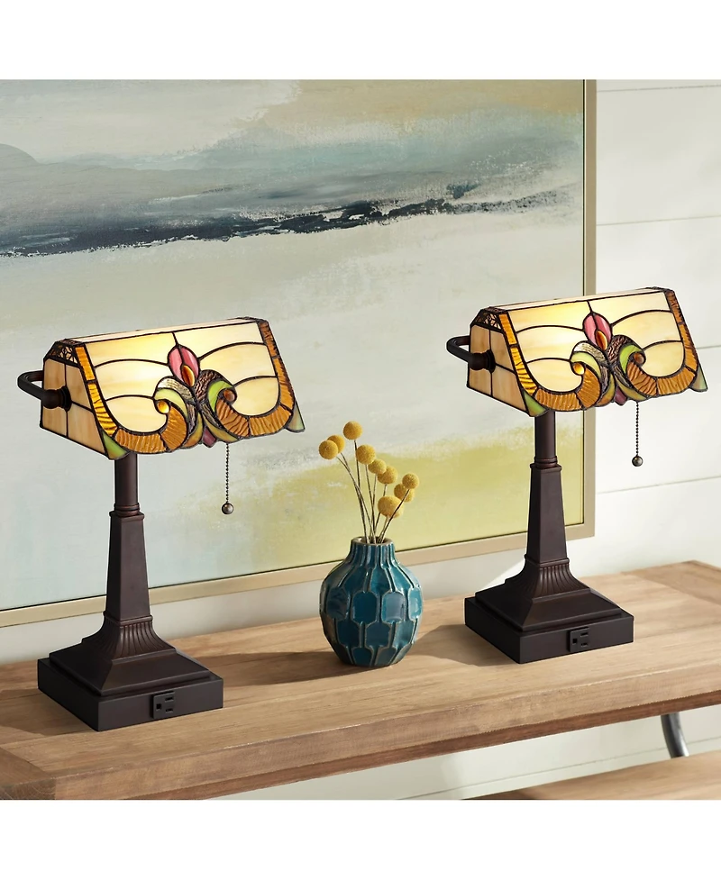 Robert Louis Tiffany Fleura 17" High Small Rustic Banker Desk Lamps Set of 2 Brown Bronze Finish Metal Home Office Living Room