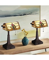 Robert Louis Tiffany Fleura 17" High Small Rustic Banker Desk Lamps Set of 2 Brown Bronze Finish Metal Home Office Living Room