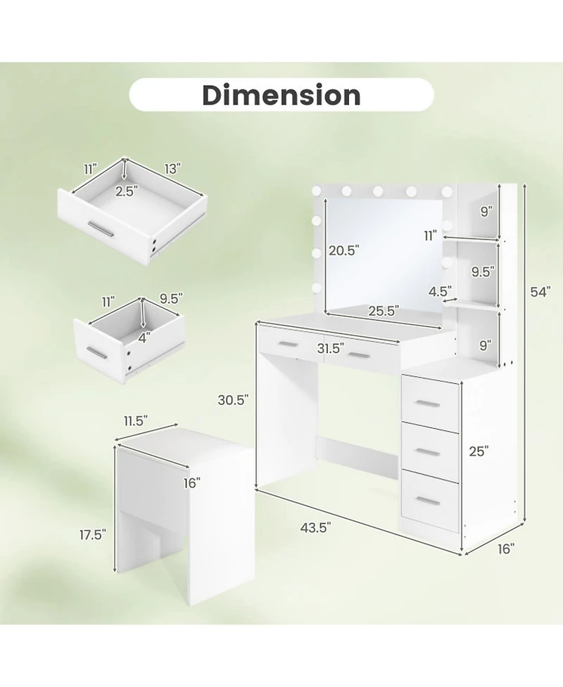 Gouun Makeup Table and Stool Set with Hair Dryer Stand and 5 Drawers