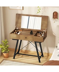 Gouun Flip Top Mirror Vanity Desk with Power Outlets and Storage Compartments