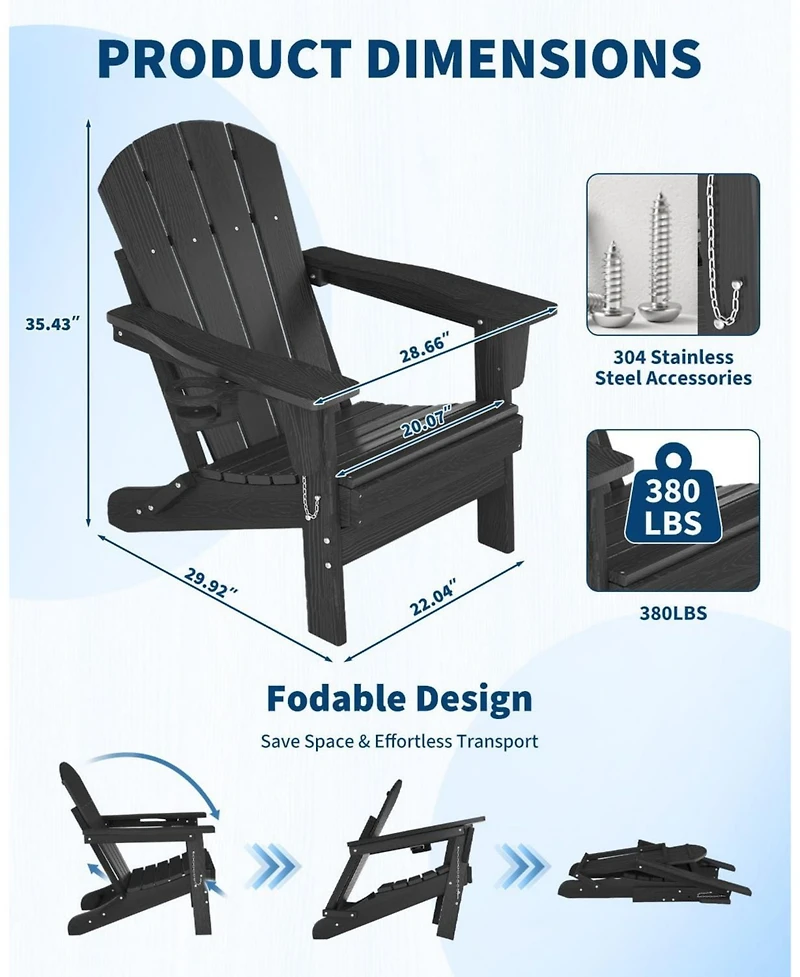 gaomon Folding Adirondack Chair Set of 2, All-Weather Hdpe Outdoor Chair, Wooden Textured with Cup Holder for patios, Decks, Gardens, fire pits
