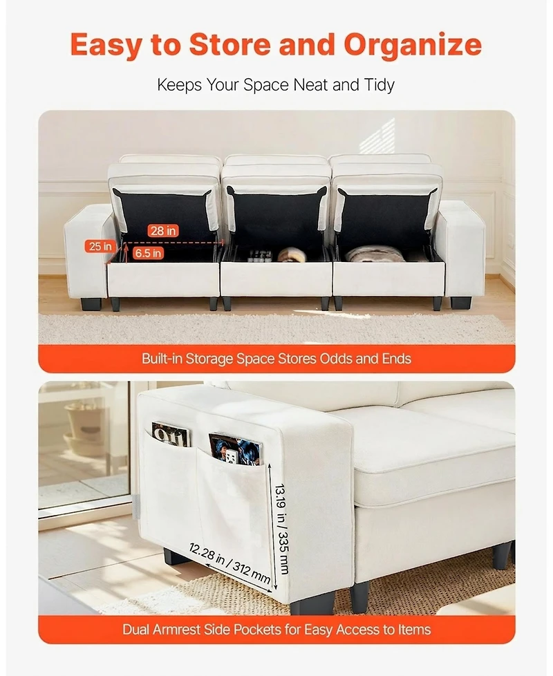 Gouun 100 in Modular 3-Seater Sofa with Deep Seats, Hidden Storage, and Velvet Upholstery