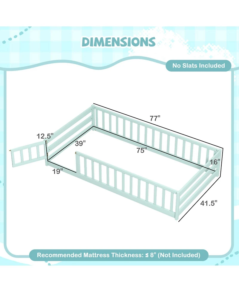 Sugift Twin Montessori Floor Bed Frame with Full Length Guardrails