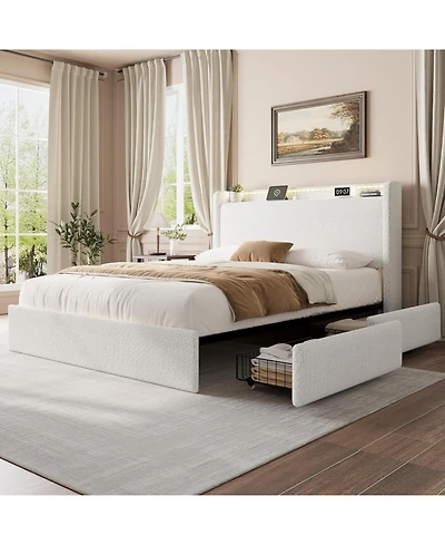 gaomon Platform Bed Lighted Upholstered 4 Storage Drawers Headboard Wooden Slats Noise-Free Easy Assembly No Box Spring