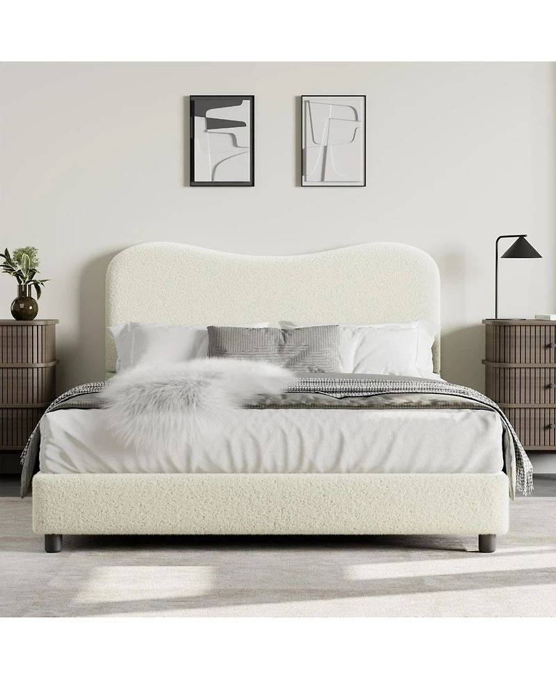 gaomon Platform Bed Metal Frame Wooden Slats Sherpa Fabric Upholstered Headboard No Box Spring Noise Free Beige