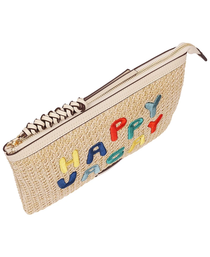 Tommy Bahama Happy Vacay Raffia Clutch – Woven Straw Zip Pouch with Embroidered Lettering