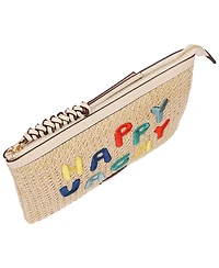 Tommy Bahama Happy Vacay Raffia Clutch – Woven Straw Zip Pouch with Embroidered Lettering