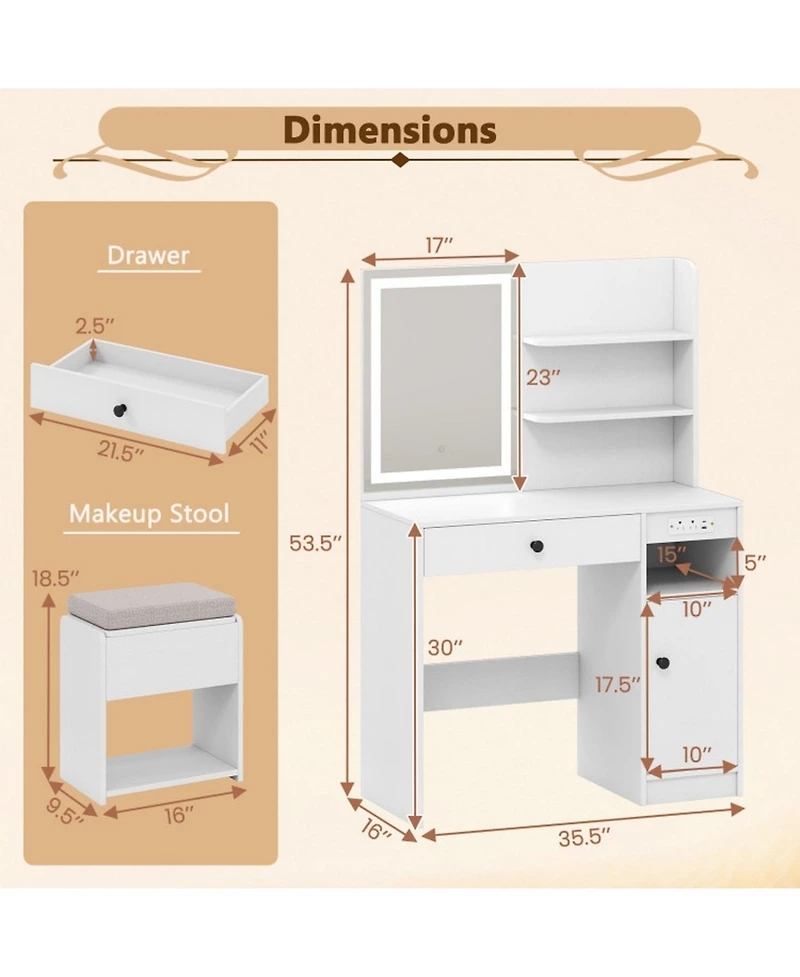 Gouun Vanity Desk with Lighted Mirror Storage Cabinet and Cushioned Stool