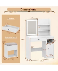 Gouun Vanity Desk with Lighted Mirror Storage Cabinet and Cushioned Stool