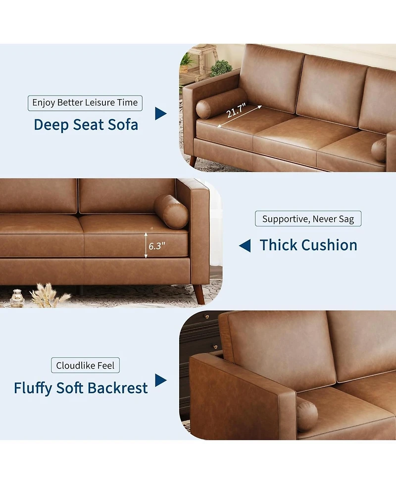 gaomon 81" Faux Leather Sofa, Mid-Century Modern 3-Seater Couch with Deep Seat and Removable Cover