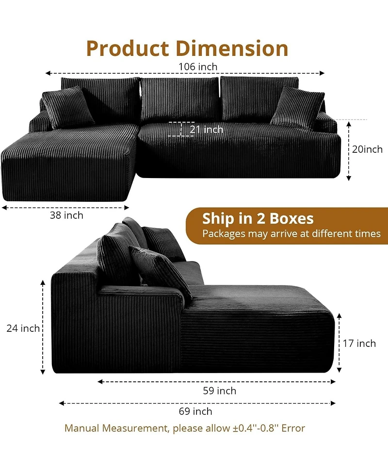 gaomon 106" Modular Sectional Sofa, L-Shaped Corduroy Couch with Chaise, No Assembly
