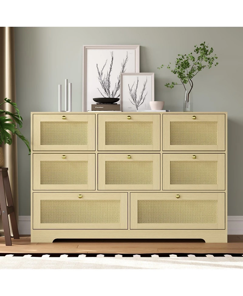gaomon Rattan Dresser with 6 Drawers, Modern Boho Wooden Dresser for Bedroom Storage, Wicker Chest of Drawers with Metal Handles