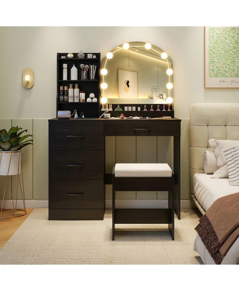 Gouun Makeup Vanity Desk and Stool Set with Led Lighted Mirror and Charging Station