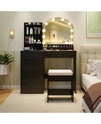 Gouun Makeup Vanity Desk and Stool Set with Led Lighted Mirror and Charging Station