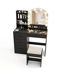 Gouun Makeup Vanity Desk and Stool Set with Led Lighted Mirror and Charging Station