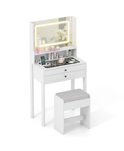 Gouun Small Vanity Desk with Lighted Mirror and Stool Set for Bedroom