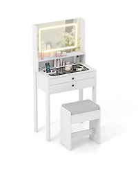 Gouun Small Vanity Desk with Lighted Mirror and Stool Set for Bedroom
