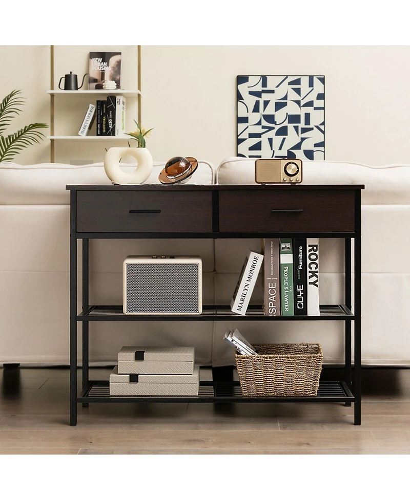 Gouun 39.5 in Narrow Entryway Console Table with 2 Drawers and Metal Shelves