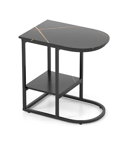 Gouun C-Shaped Modern Sofa Side Table with Faux Marble Top and Storage Shelf