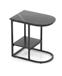 Gouun C-Shaped Modern Sofa Side Table with Faux Marble Top and Storage Shelf