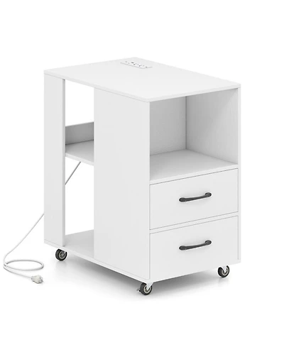 Gouun End Table with Built-In Charging Station, 2 Drawers and Locking Wheels