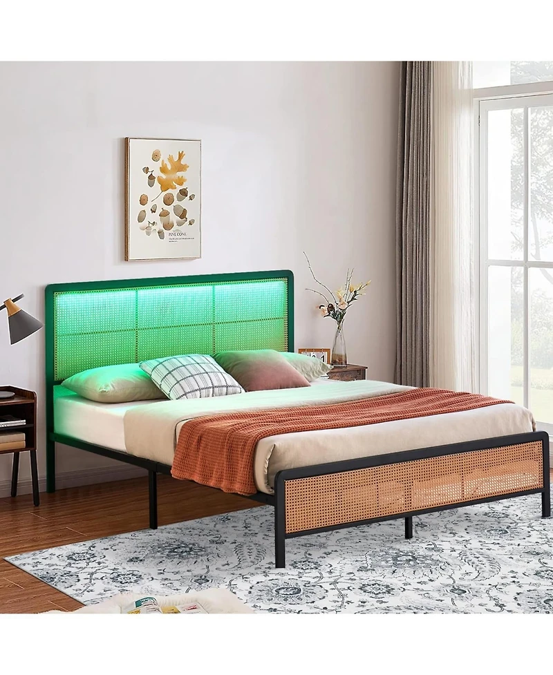 gaomon Bed Frame Rgb Led Lights Boho Metal Headboard Footboard Steel Slats Noise Free No Box Spring