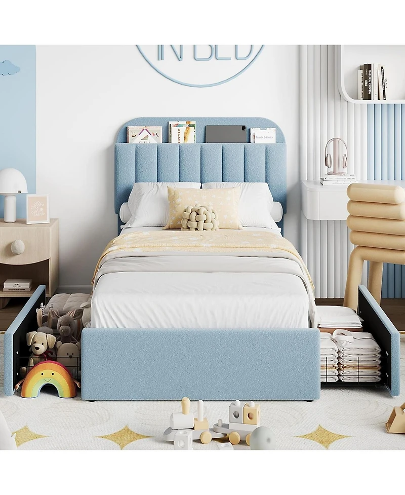 gaomonUpholstered Platform Bed with Storage Headboard and 2 Drawers- Boucle Fabric- Bookcase- Easy Assembly- No Box Spring Needed