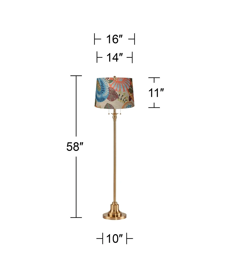 360 Lighting Dyna Traditional 58" Tall 2-Light Standing Floor Lamp Pull Chain Antique Brass Finish Drum Tropical Flower Shade