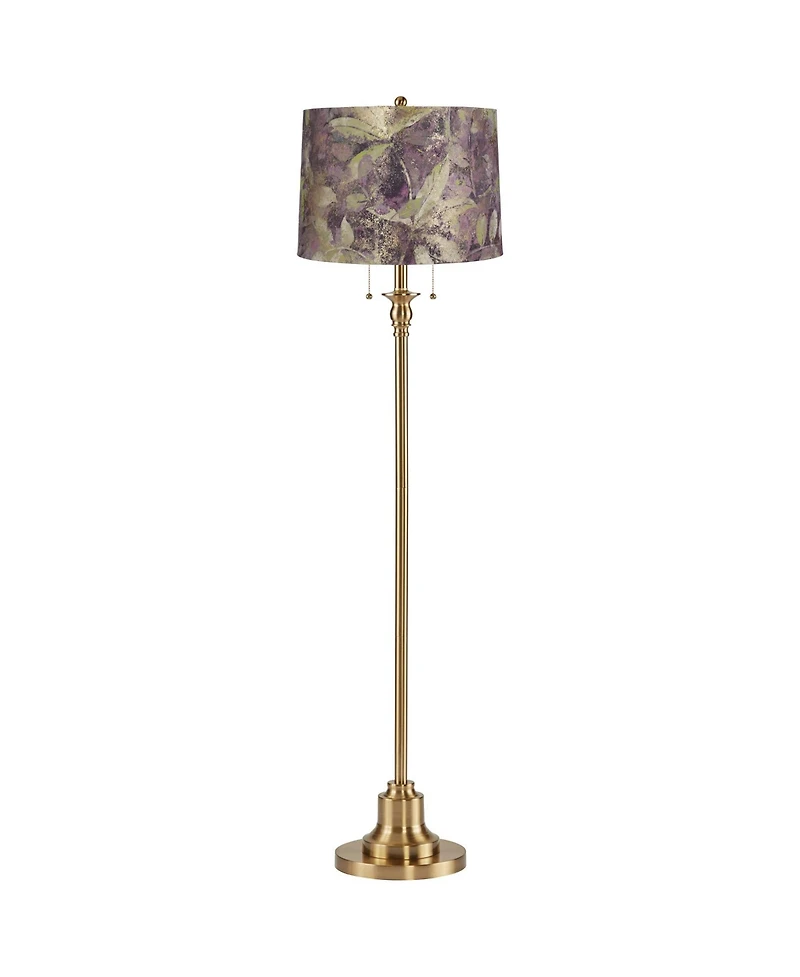 360 Lighting Dyna Traditional 58" Tall 2-Light Standing Floor Lamp Pull Chain Gold Antique Brass Finish Drum Botanical Leaf Shade