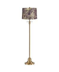 360 Lighting Dyna Traditional 58" Tall 2-Light Standing Floor Lamp Pull Chain Gold Antique Brass Finish Drum Botanical Leaf Shade