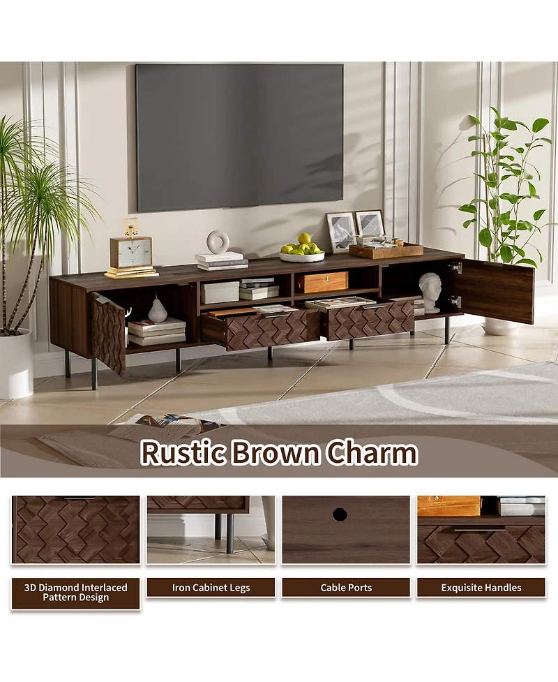 Rainsken 78" Modern Tv Stand for TVs , Entertainment Center with Storage Cabinets, 2 Drawers and Open Shelves, Media Console for Living Room