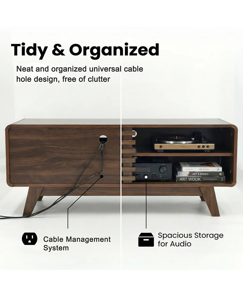 Rainsken Tv Stand with Slatted Sliding Door, Mid Century Modern Media Console Table for 50 Inch Tv, Entertainment Center for Living Room