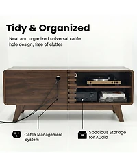 Rainsken Tv Stand with Slatted Sliding Door, Mid Century Modern Media Console Table for 50 Inch Tv, Entertainment Center for Living Room