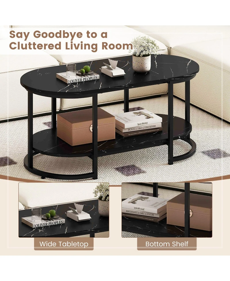 Gouun 39.5 in Faux Marble 2-Tier Coffee Table with Metal Frame