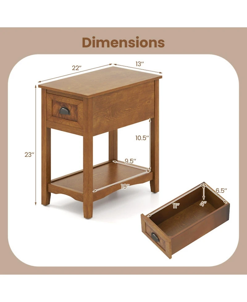 Gouun Set of 2 Retro Narrow End Tables with Drawer and Open Shelf