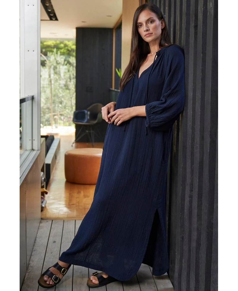 Ocean+Main Women's Avery Long Tie Neck Dress Gauze Caftan