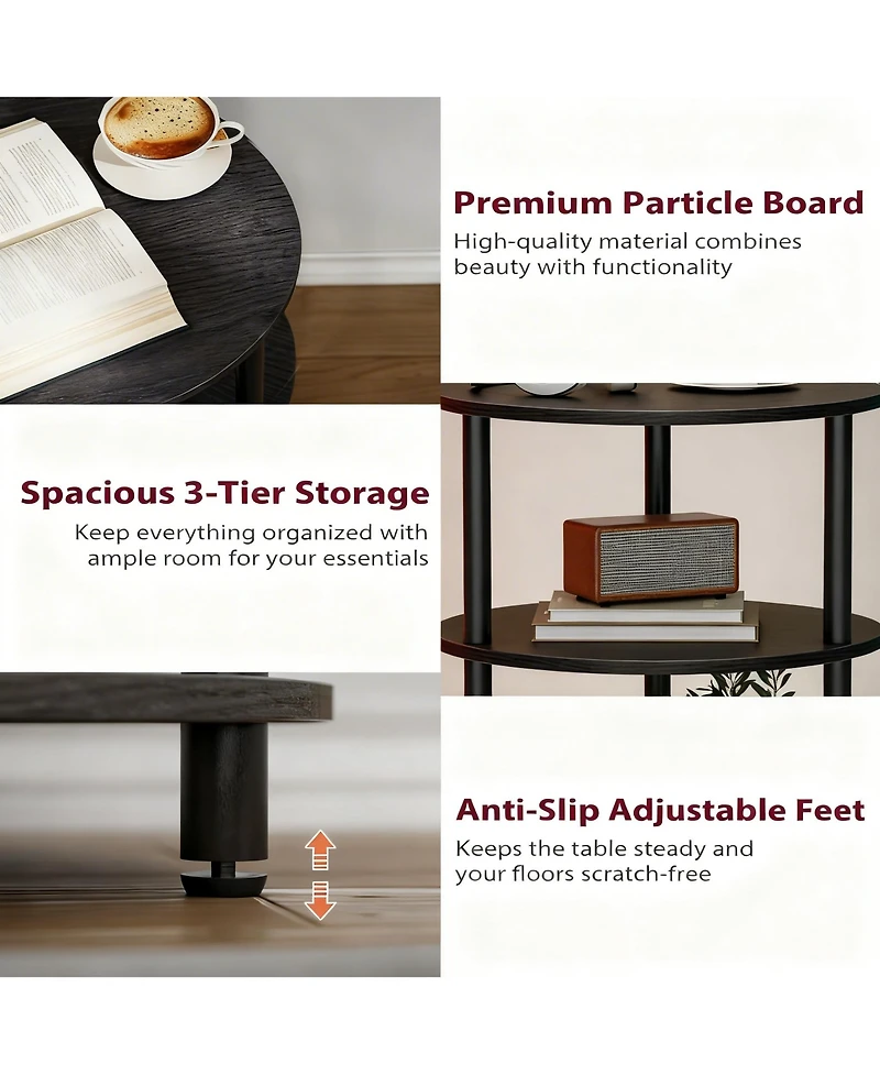 Yigii Small Round End Table 3 Tier Industrial Nightstand Side shelf Bedroom Living Room