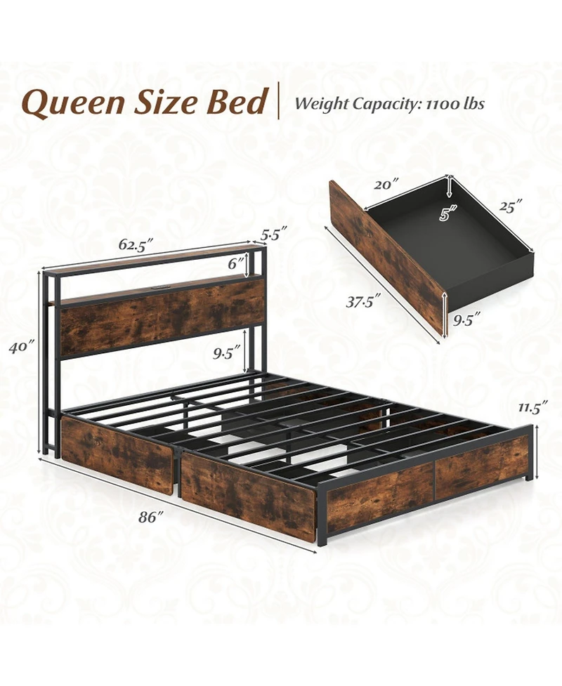 Gouun Queen Metal and Wood Bed Frame with Led Lights and Charging Station and Storage Drawers