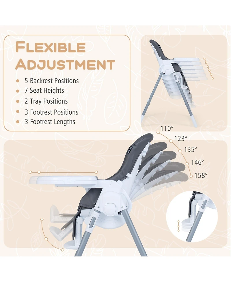 Sugift Foldable Baby High Chair with Adjustable Height and Reclining Seat
