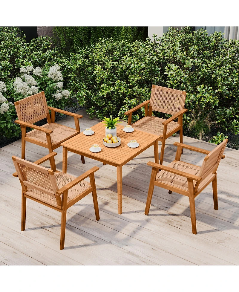 Sugift Acacia Wood Patio Dining Chairs Set of Two with Rattan Design