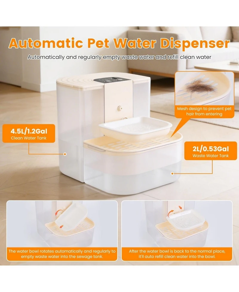 Zeus and Ruta Cordless Pet Water Fountain 4.5L Dual Tank Filtration Automatic Cat Dog Dispenser Easy Clean Design