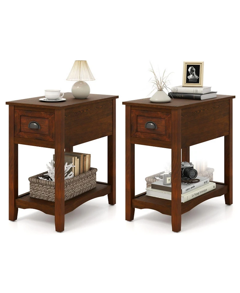 Gouun Set of 2 Retro Narrow End Tables with Drawer and Open Shelf