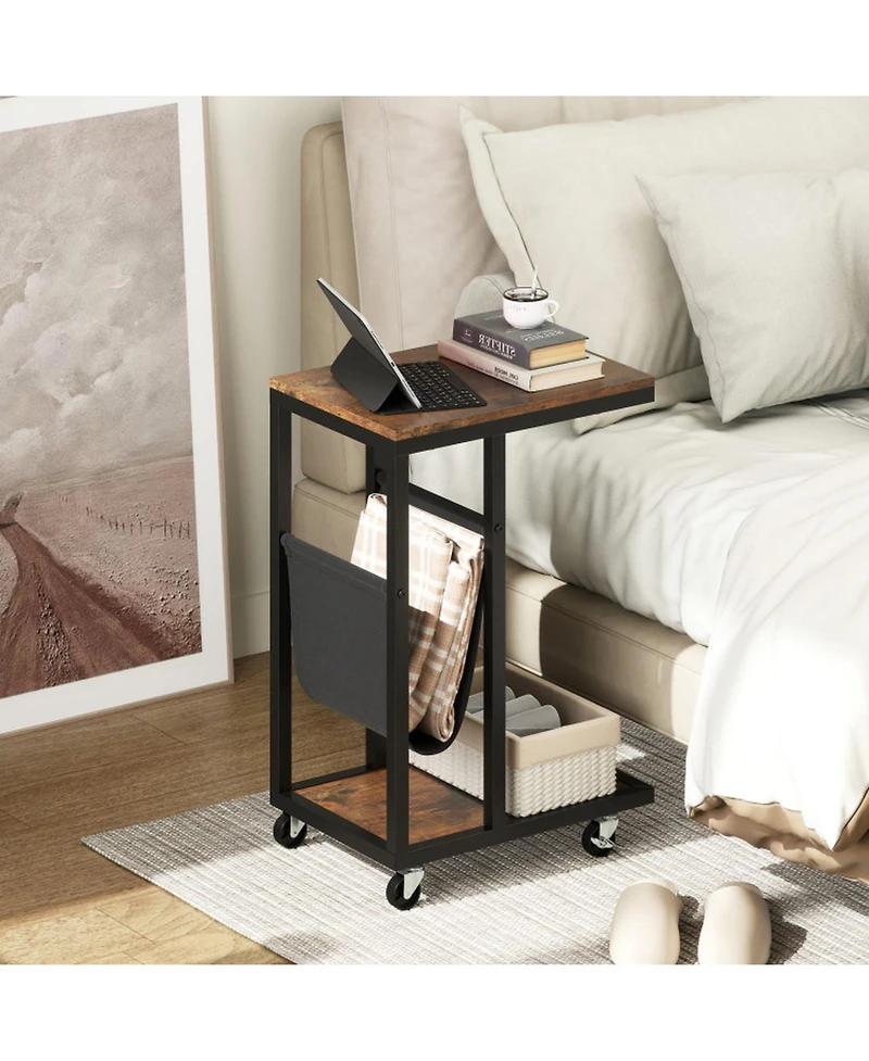 Gouun C-Shaped Side Table with Canvas Storage Pouch and Rolling Casters