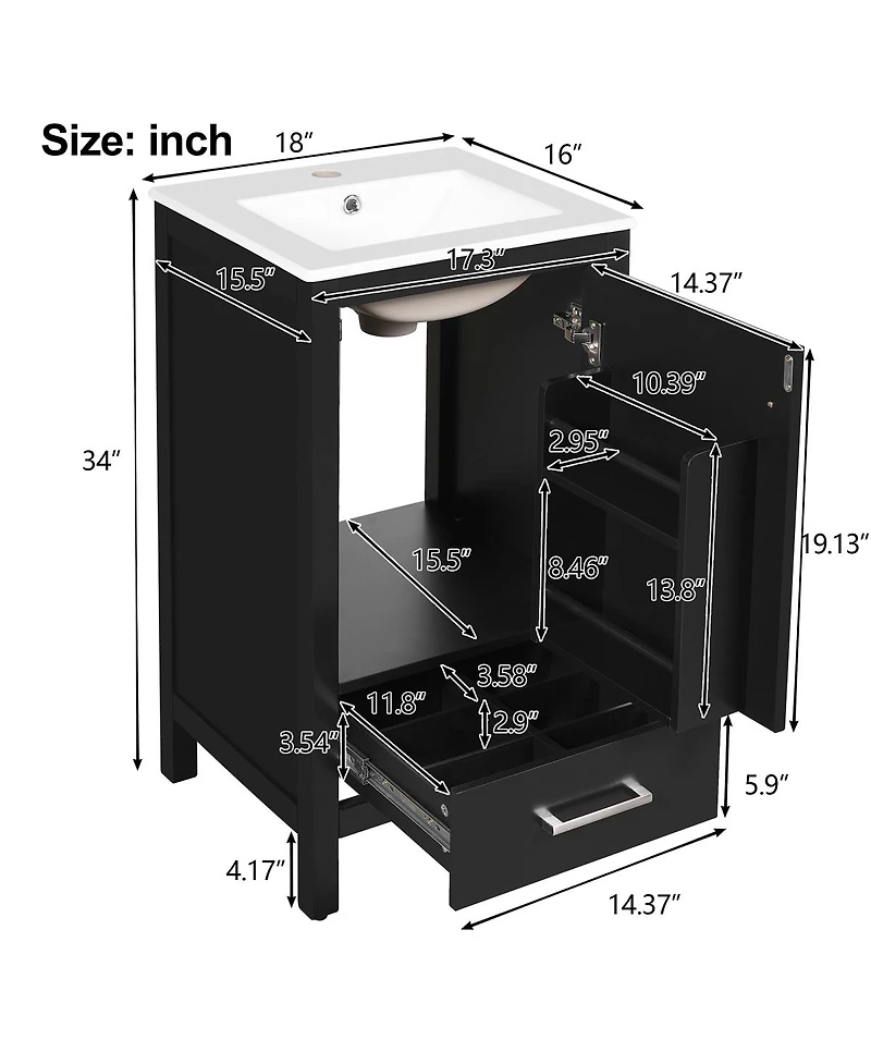 Sillysis 18 Inch Bathroom Vanity with Ceramic Sink, Soft Close Storage Drawer and Door, Freestanding Cabinet for Small Spaces