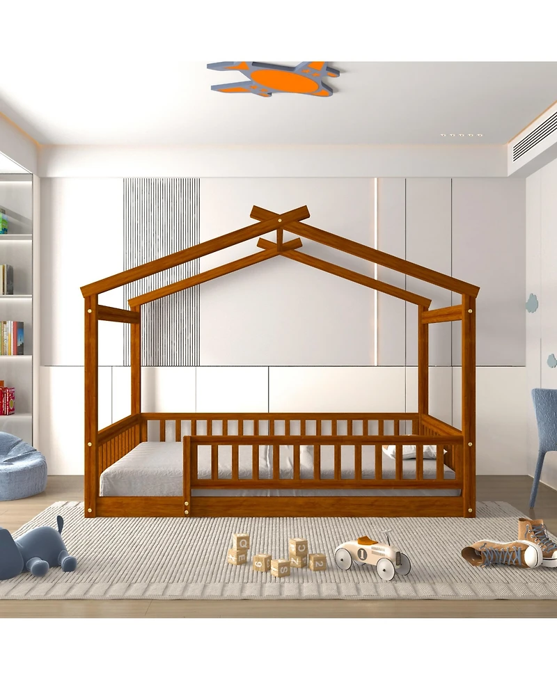 flynama Full Size Wood House Bed Fence