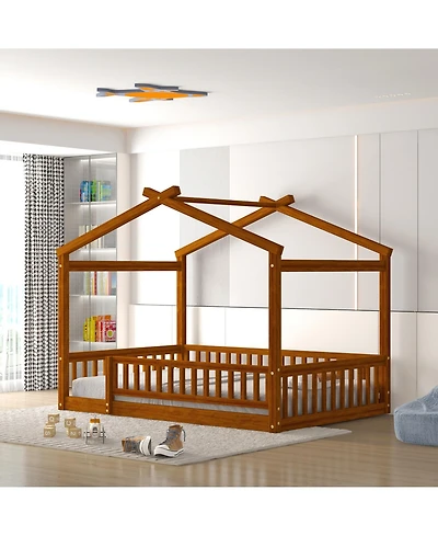 flynama Full Size Wood House Bed Fence