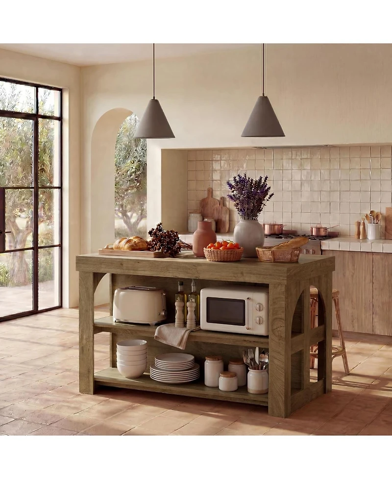 Tribesigns Kitchen Island with Storage, 55-Inch Large Stationary Center Island with 3 Shelves and Seating Space, Farmhouse Wooden Bar Table