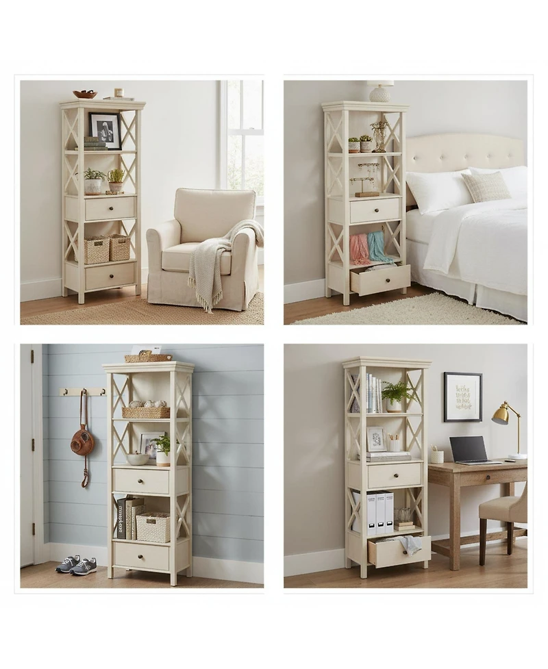 Yigii Cottage Chic Display Cabinet Bookcase Antique White Engineered Wood 3 Shelves 2 Drawers Lattice Sides Crown Moulding