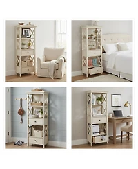 Yigii Cottage Chic Display Cabinet Bookcase Antique White Engineered Wood 3 Shelves 2 Drawers Lattice Sides Crown Moulding