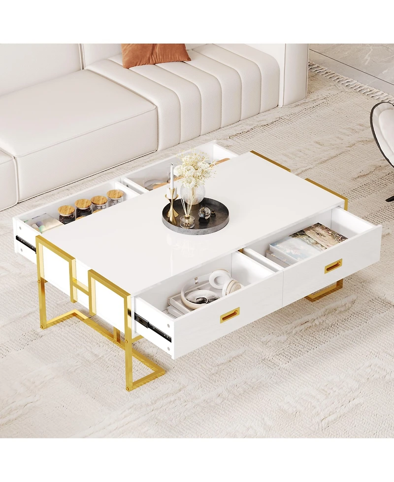 Rainsken Rectangular Coffee Table, Modern 47.4" Center Table with 4 Drawers and Gold Metal Base for Living Room